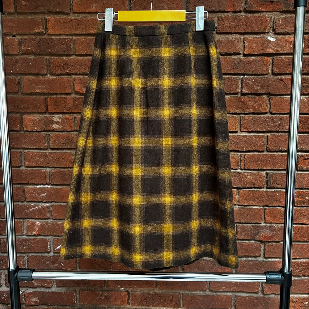 Vintage Brown & Yellow Plaid Wrap Skirt Wool Blend A-Line Midi 70s AcademiaStyle